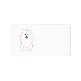 Cute White Dog. Spitz or Pomeranian. Label