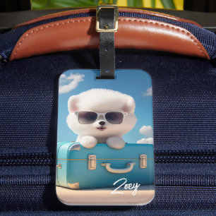 Cute White Dog Travel Suitcase Personalised Name Luggage Tag