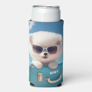 Cute White Dog Travel Suitcase Personalised Name Seltzer Can Cooler