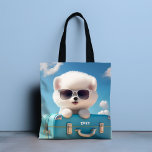 Cute White Dog Travel Suitcase Personalised Name Tote Bag<br><div class="desc">Cute White Dog Travel Suitcase Personalised Name Tote Bag features a cute white puppy dog wearing sunglasses on a retro suitcase ready to travel with your personalised name in modern white calligraphy script typography. Perfect gift for girls for birthday, Christmas and holidays or for a mum-to-be for a baby shower....</div>