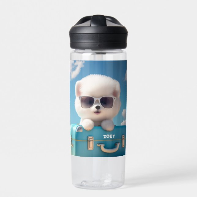 Cute White Dog Travel Suitcase Personalised Name Water Bottle (Front)