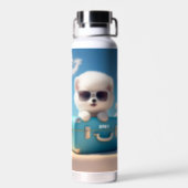 Cute White Dog Travel Suitcase Personalised Name Water Bottle (Back)