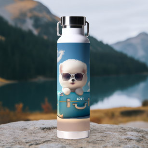 Cute White Dog Travel Suitcase Personalised Name Water Bottle