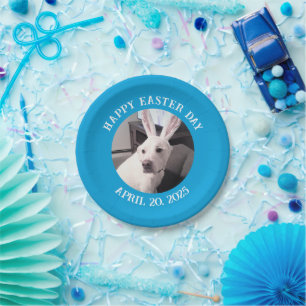 Cute White Dog Wearing Easter Bunny Ears Blue Paper Plate