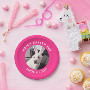 Cute White Dog Wearing Easter Bunny Ears Hot Pink Paper Plate
