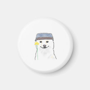 Cute White Dog Wearing Hat Holding Yellow Flower D Magnet