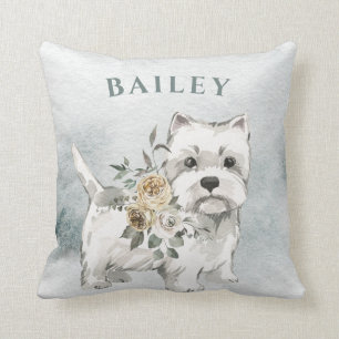 Cute White Dog with Flowers Westie Cushion