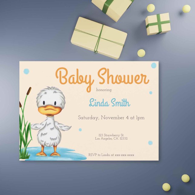 Cute White Duck in a Pond Neutral Baby Shower Invitation (Creator Uploaded)