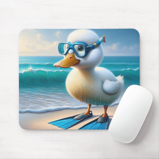 Cute White Duck With Swim Fins Mouse Mat (With Mouse)