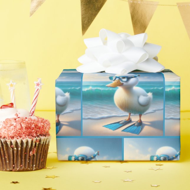 Cute White Duck With Swim Fins Wrapping Paper (Birthday Party)