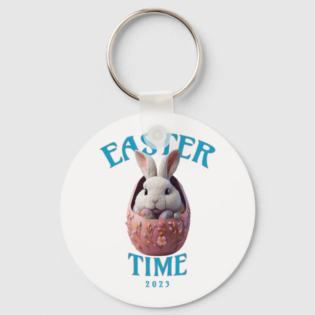 Cute White Easter Bunny Design Key Ring (Front)