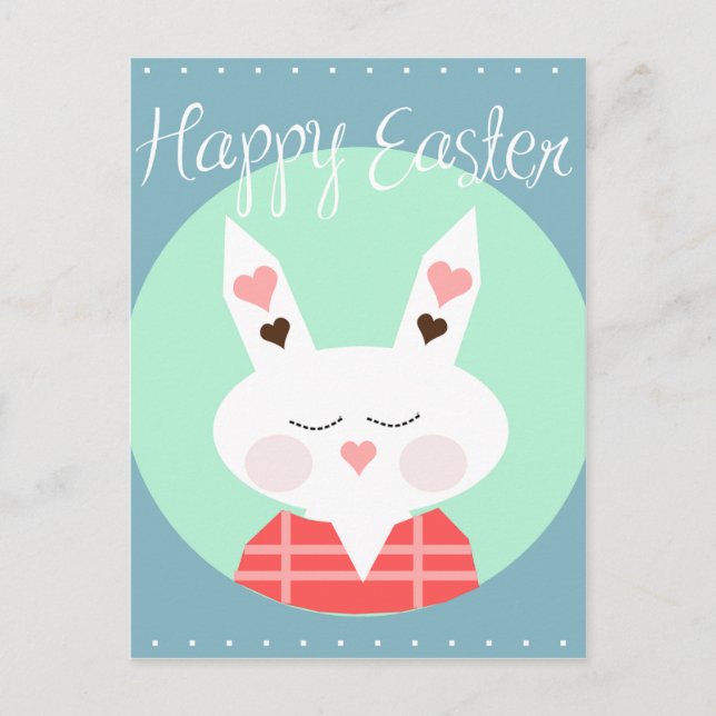 Cute white Easter bunny with pink hearts Holiday Postcard (Front)
