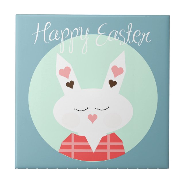 Cute white Easter bunny with pink hearts Tile (Front)