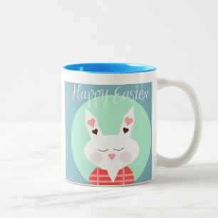 Cute white Easter bunny with pink hearts Two-Tone Coffee Mug