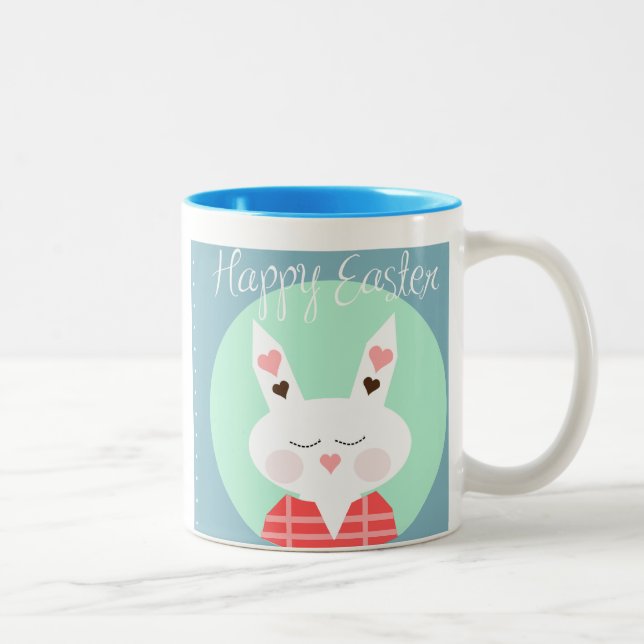 Cute white Easter bunny with pink hearts Two-Tone Coffee Mug (Right)