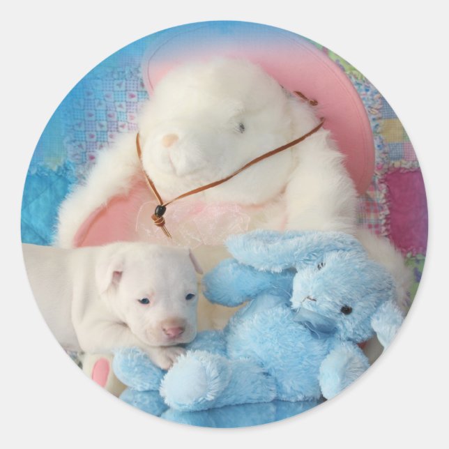 Cute White Easter Puppy Dog & Bunny Friends Classic Round Sticker (Front)