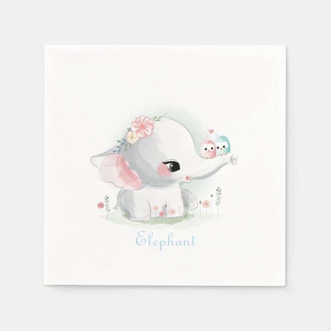Cute White Elephant Baby Watercolor Floral Birds Napkin (Front)