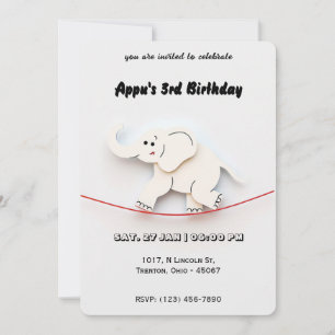 Cute White Elephant Balancing on Rope Personalised Invitation
