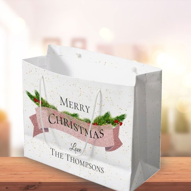 Cute | White | Faux Pink Glitter | Merry Christmas Large Gift Bag (Creator Uploaded)