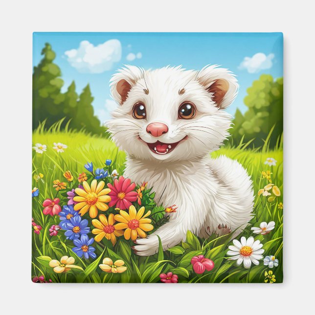 🦦 Cute White Ferret Cartoon Fridge Magnet 🦦 (Front)