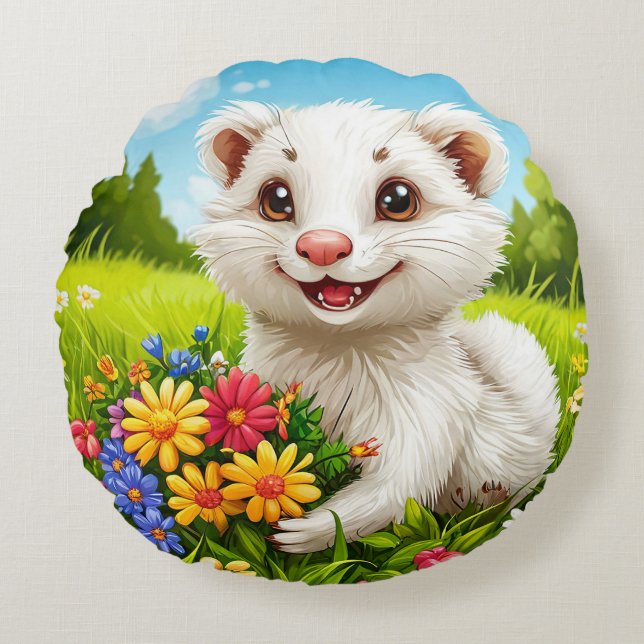 🐾 Cute White Ferret Round Plush Decor  🤍 Cushion (Front)