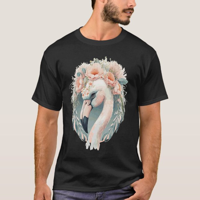 Cute White Flamingo Exotic Bird Flower Crown Tropi T-Shirt (Front)