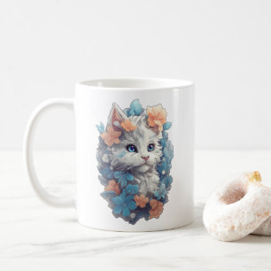 Cute White Floral Kitty Cat Coffee Mug