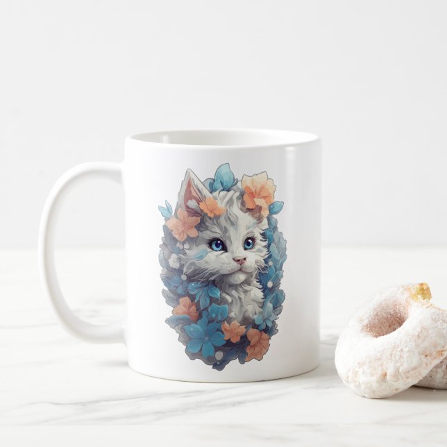 Cute White Floral Kitty Cat Coffee Mug (With Donut)
