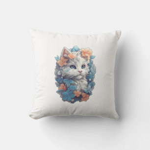 Cute White Floral Kitty Cat Cushion