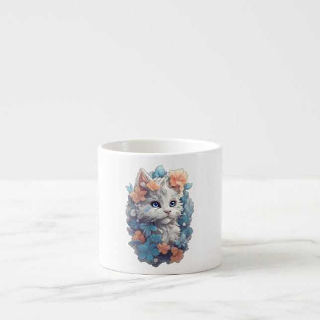 Cute White Floral Kitty Cat Espresso Cup (Front)