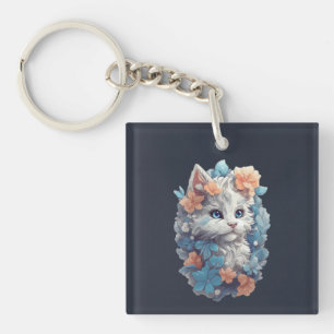 Cute White Floral Kitty Cat Key Ring