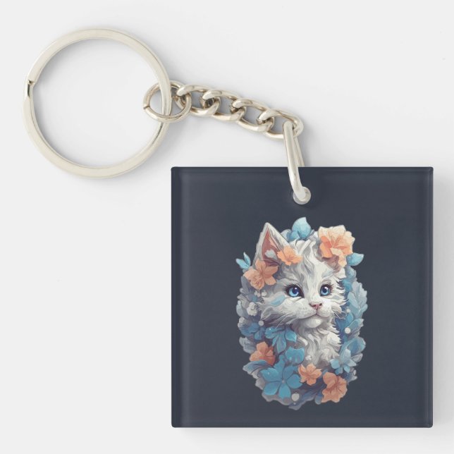 Cute White Floral Kitty Cat Key Ring (Front)