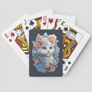 Cute White Floral Kitty Cat Playing Cards