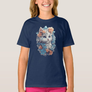Cute White Floral Kitty Cat T-Shirt