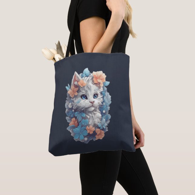 Cute White Floral Kitty Cat Tote Bag (Close Up)