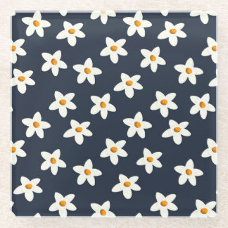 Cute White Floral Notebook Navy Blue and Orange Glass Coaster