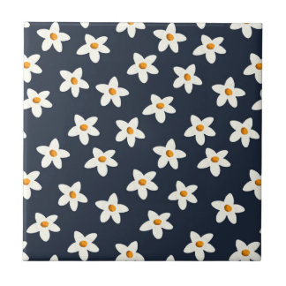 Cute White Floral Notebook Navy Blue and Orange Tile