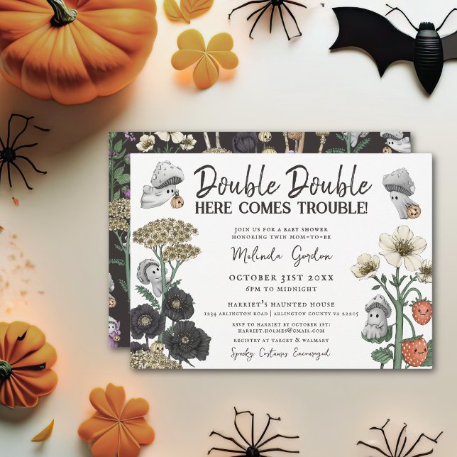 Cute White Floral Twins Fall Halloween Baby Shower Invitation (Twins Halloween baby shower invitations)