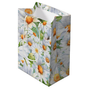 Cute White Floral Vintage Watercolor Daisies Medium Gift Bag