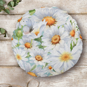 Cute White Floral Vintage Watercolor Daisies Round Cushion