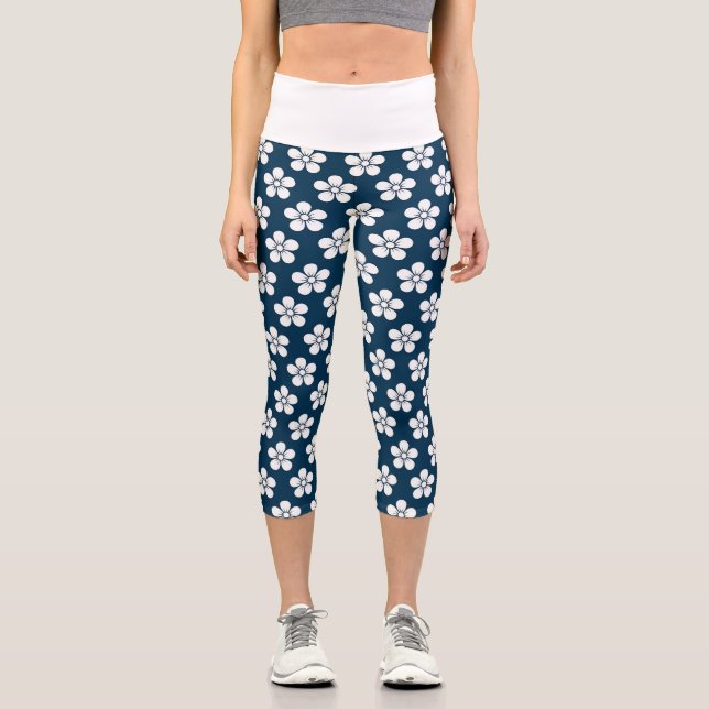 Cute White Flower Pattern on Dark Blue Capri Leggings (Front)