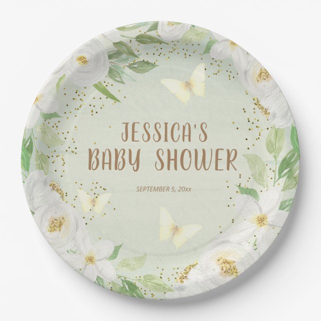 Cute White Flowers Green Backyard Baby Shower  Paper Plate (Front)