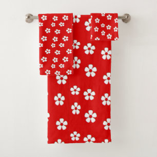 Cute white flowers on red bath towel set