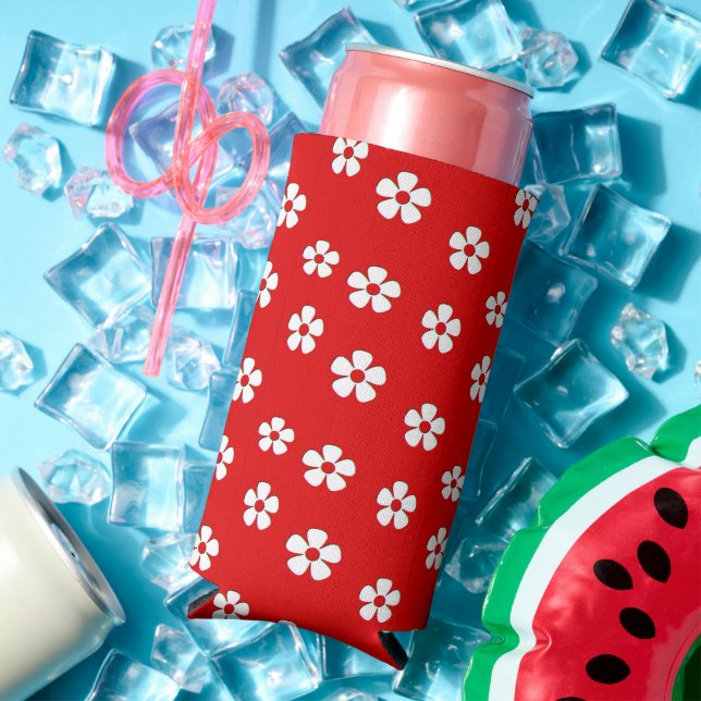 Cute white flowers on red seltzer can cooler (In Situ Summer)