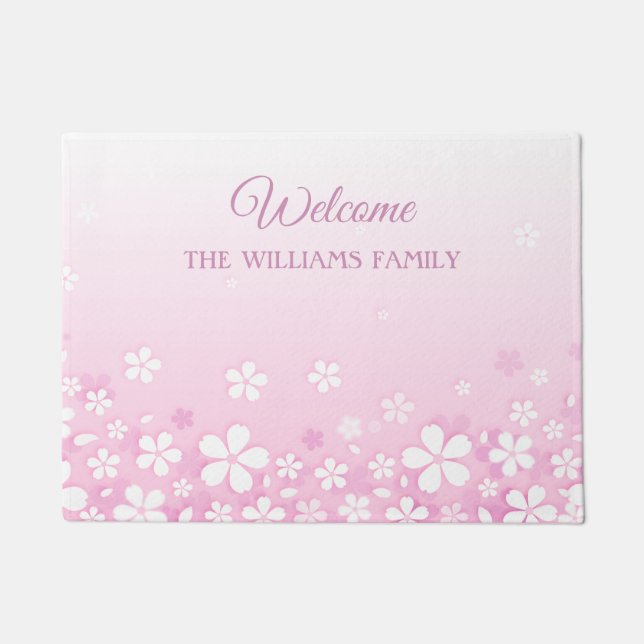 Cute White Flowers With Family Name And Welcome Doormat (Front)