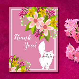 Cute White Fluffy Cat - Flowers on Pink Thank You Postcard