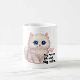 Cute White Fluffy Cat Mug – "My House. My Cat. My 