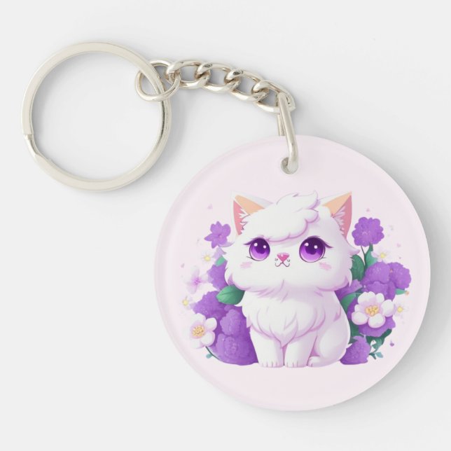 Cute White Fluffy Persian Cat with Morning Glory Key Ring (Front)
