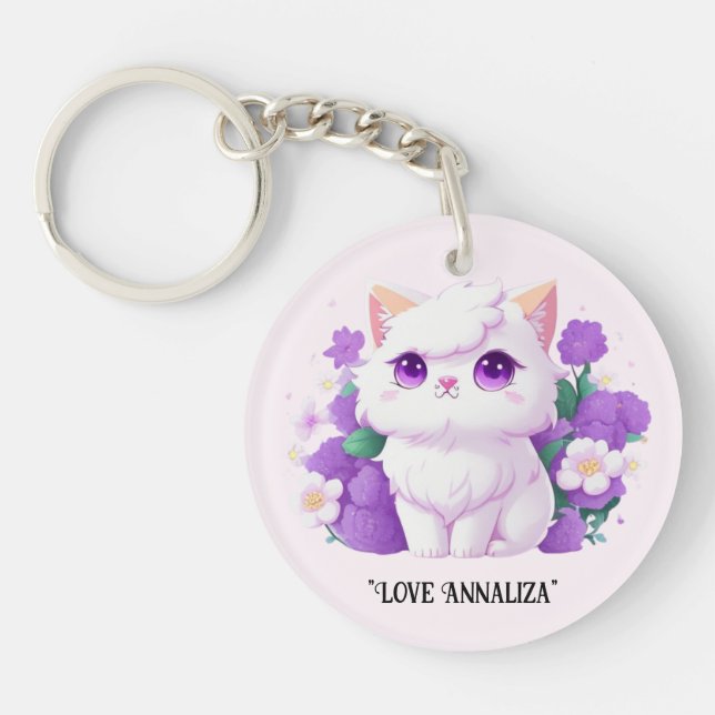 Cute White Fluffy Persian Cat with Morning Glory Key Ring (Front)