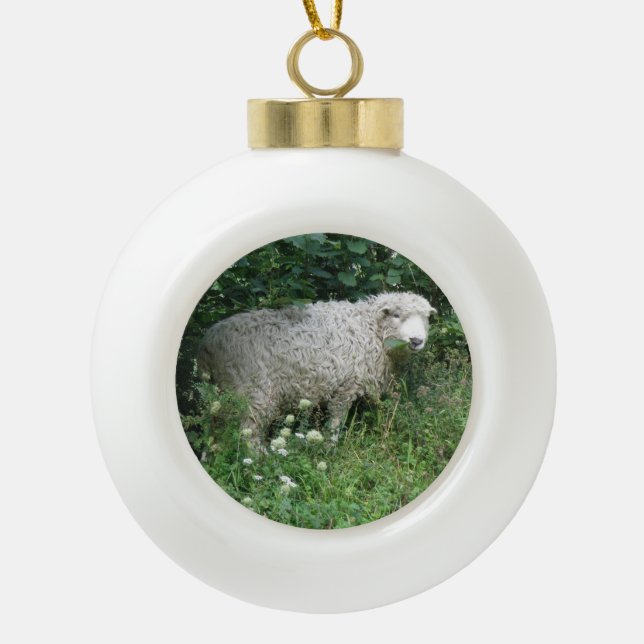 Cute White Fluffy Sheep Eating Ornament (Front)